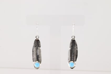 Native America Navajo Sterling Silver Turquoise Feather Dangling Earring's By Genevieve Francisco.