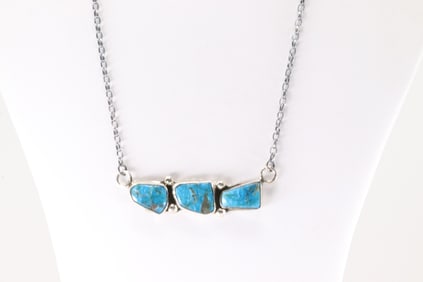 Native America Zuni Sterling Silver Kingman Turquoise Necklace By Jude Candelaria.