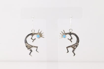 Native America Navajo Sterling Silver Turquoise Kokopelli Dangling Earring's By Lorraine Chee.