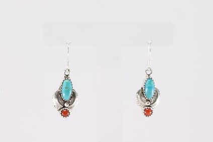 Native America Navajo Sterling Silver Coral & Turquoise Dangling Earring's By Robert Martinez.