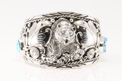 Native America Navajo Sterling Silver Turquoise Bracelet Bear Casted Cuff By Thomas Yazzie.