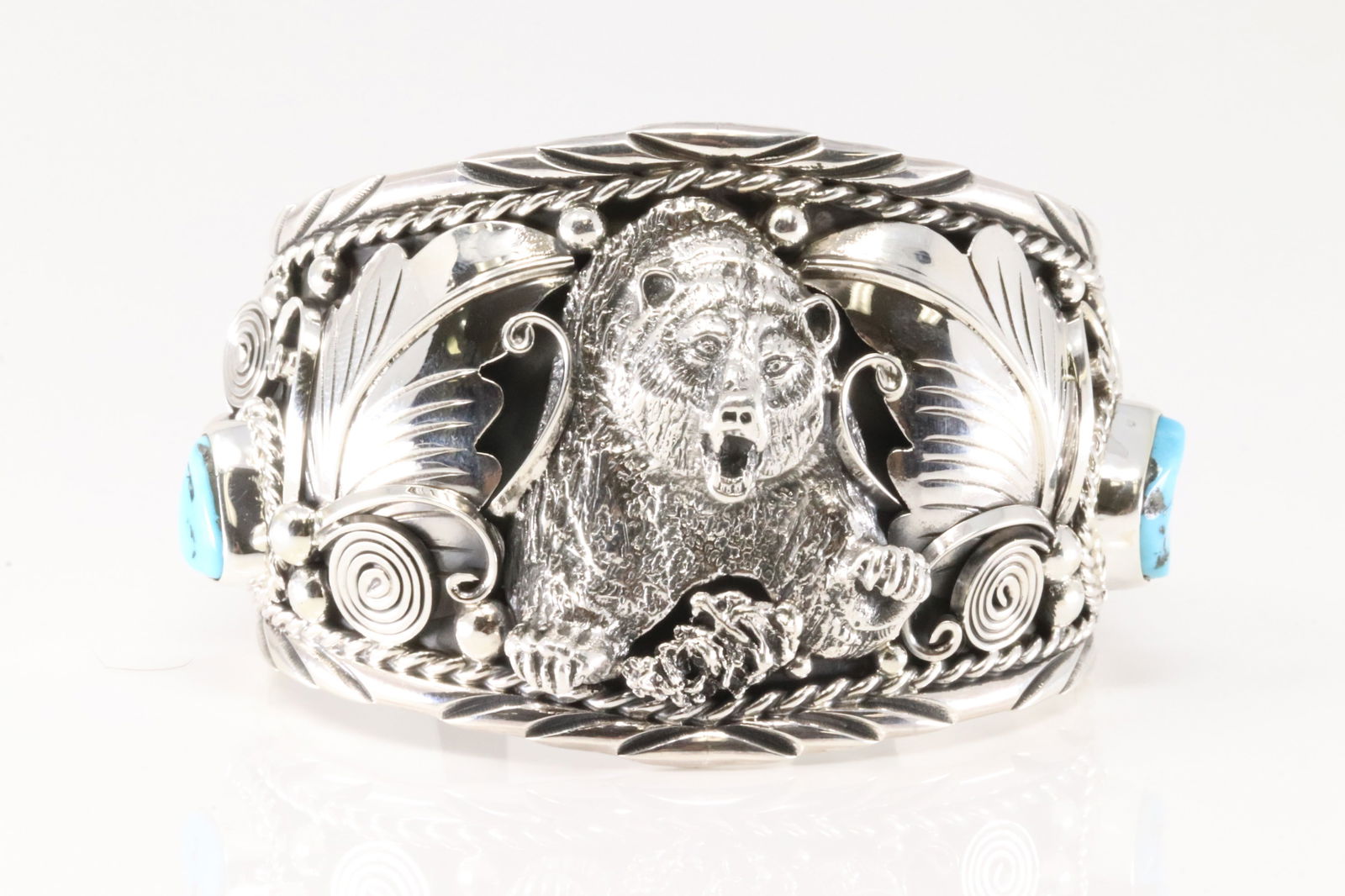 Native America Navajo Sterling Silver Turquoise Bracelet Bear Casted Cuff By Thomas Yazzie. (1 of 4)