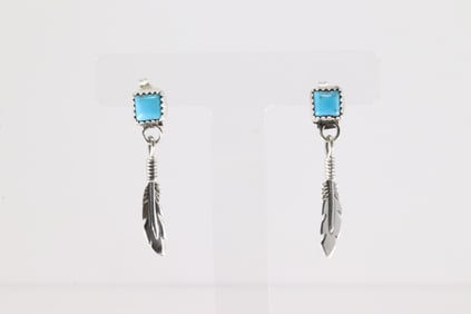 Native America Navajo Sterling Silver Turquoise Post Feather Dangling Earring's By Jerold Joe.