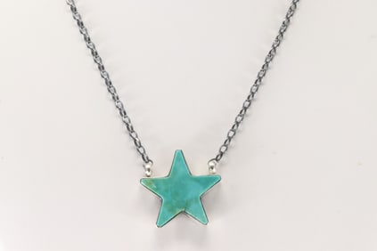 Native America Navajo Sterling Silver Kingman Turquoise Star Necklace By Donovan Skeets.
