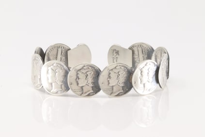 Native America Navajo Sterling Silver Turquoise Mercury Dime Bracelet Cuff By James McCabe.