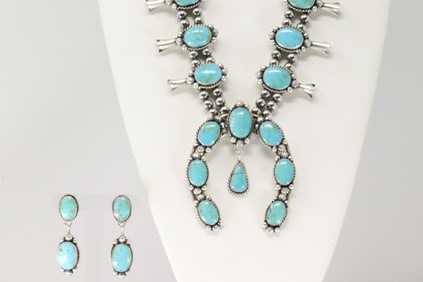 Native America Navajo Sterling Silver Kingman Turquoise Squash Blossom Necklace & Earring's Set By