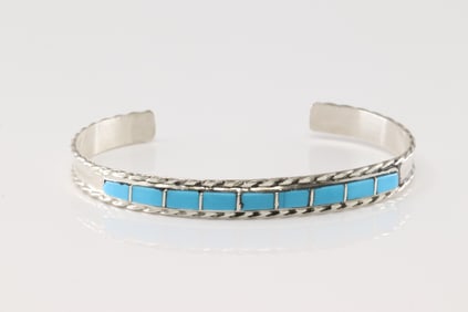 Native America Zuni Sterling Silver Turquoise Inlay Bracelet Cuff By J.P.C.