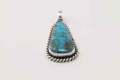 Native America Navajo Sterling Silver Kingman Turquoise Pendant By Johnny Dixon.