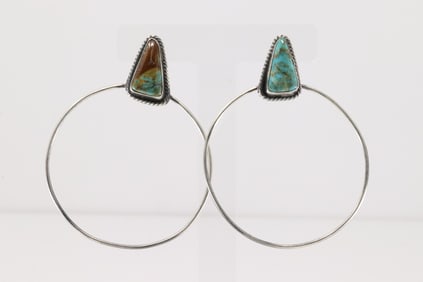 Native America Navajo Sterling Silver Kingman Turquoise Post Hoop Earring's By Elouise Kee.