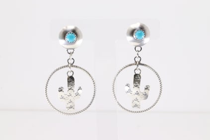 Native America Navajo Sterling Silver Turquoise Cactus Post / Dangling Earring's By Gabrielle