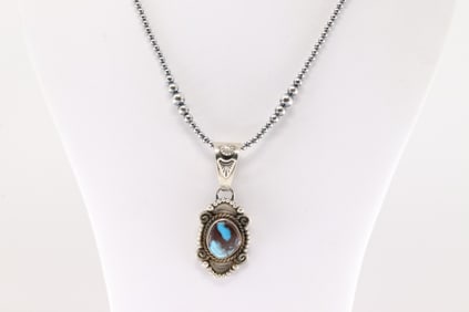 Native America Navajo Sterling Silver Kingman Turquoise Pendant By Rosita Calidi. With Sterling
