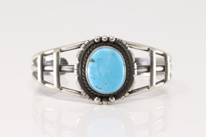 Native America Navajo Sterling Silver Kingman Turquoise Bracelet Cuff By Allanna Yellow.