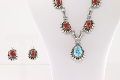 Native America Navajo Sterling Silver Coral & Turquoise Necklace & Earring's Set By Tom Lewis.