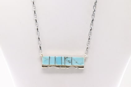 Native America Navajo Sterling Silver Turquoise Inlay Necklace By Steve Francisco.