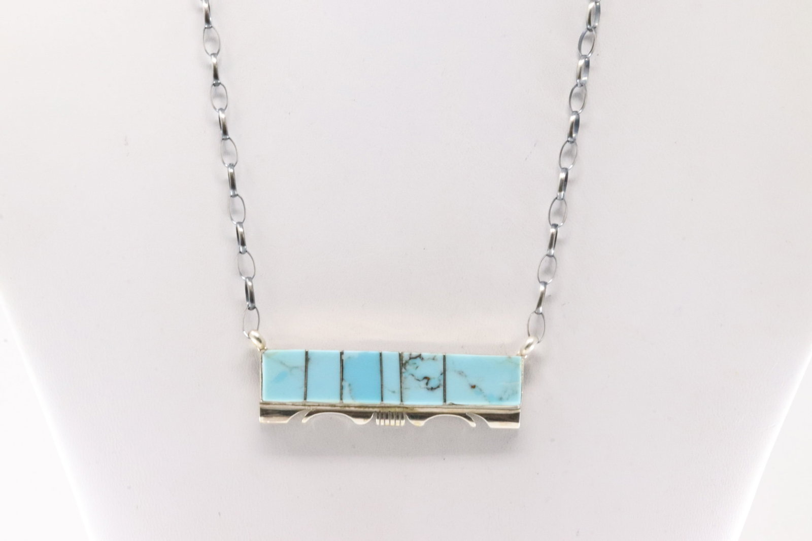 Native America Navajo Sterling Silver Turquoise Inlay Necklace By Steve Francisco.: This is a Native America Navajo Sterling Silver Turquoise Inlay Necklace By Steve Francisco. Necklace length: 16.00"
