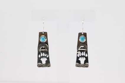 Native America Navajo Sterling Silver Turquoise Bear Paw Dangling Earring's By Jeff James Jr.