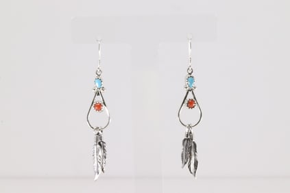 Native America Navajo Sterling Silver Coral & Turquoise Dangling Earring's By Annie Spencer.