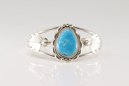 Native America Navajo Sterling Silver Kingman Turquoise Bracelet Cuff By Allanna Yellow.