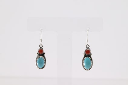 Native America Navajo Sterling Silver Coral & Turquoise Dangling Earring's By Gary Shorty.