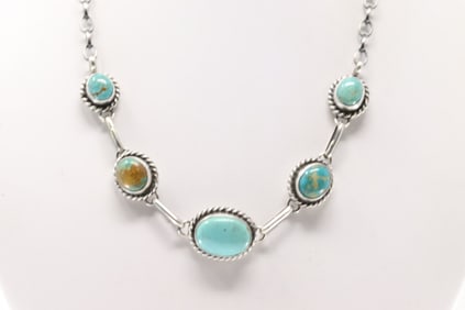 Native America Navajo Sterling Silver Kingman Turquoise Necklace By Augustine Largo.