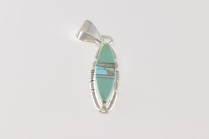 Native America Navajo Sterling Silver Turquoise Inlay Pendant By Brandon Etcitty.