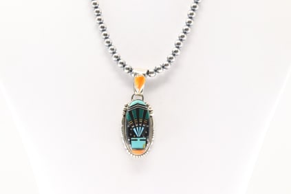 Native America Navajo Sterling Silver Multi-Color Inlay Night Sky Pendant By Ray Jack. With Starling