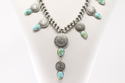 Native America Navajo Sterling Silver Sonora Gold Turquoise Necklace By Adrienne P Gordon.