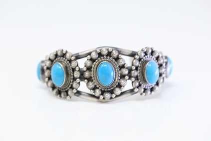 Native American Navajo Sterling Silver Turquoise Bracelet Cuff By Tom Lewis.