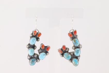 Native America Navajo Sterling Silver Coral & Turquoise Cactus Dangling Earring's By Richard Yazza.