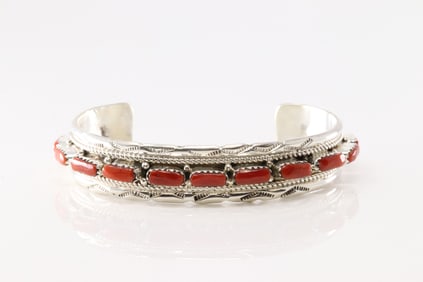 Native America Zuni Sterling Silver Coral Bracelet Cuff By Joyce Waseta.