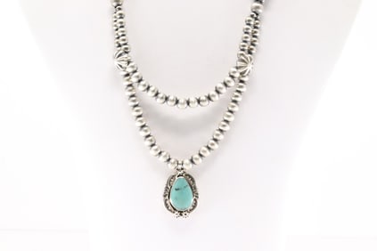 Native America Navajo Sterling Silver Double Pearl Beaded Turquoise Necklace By Lucinda Sardo.