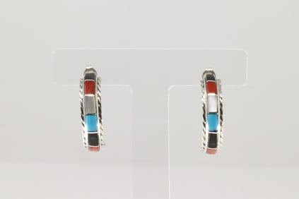Native America Zuni Sterling Silver Multi-Color Stone Inlay Hoop Earring's By Malcolm Chavez.