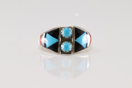 Native America Zuni Sterling Silver Multi-Color Stone Inlay Ring By Booqua.