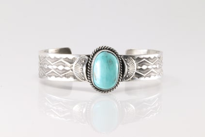 Native America Navajo Sterling Silver Kingman Turquoise Bracelet Cuff By Sunshine Reeves.