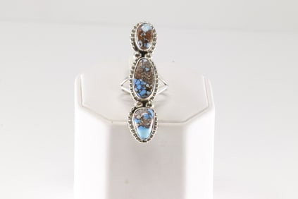 Native America Navajo Sterling Silver Golden Hill Turquoise Ring 3 Stone By S.