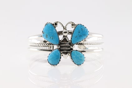 Native America Navajo Sterling Silver Turquoise Butterfly Bracelet Cuff By Gregg Yazzie.