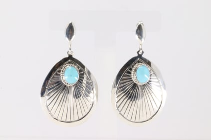 Native America Navajo Sterling Silver Turquoise Post / Dangling Earring's By Sheena Jack.