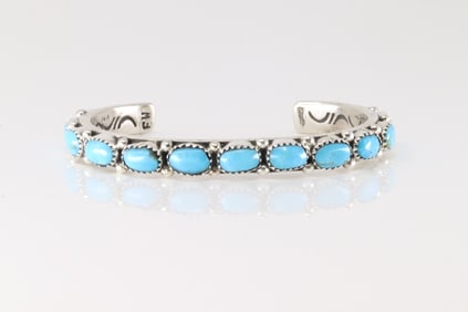 Native America Navajo Sterling Silver Kingman Turquoise Bracelet Cuff By E.W.