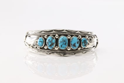 Native America Navajo Sterling Silver Kingman Turquoise Bracelet Cuff By Darrell Morgan.