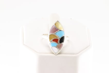 Native America Zuni Sterling Silver Multi-Color Stone Inlay Ring By O.Leeckya.