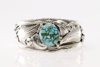 Native America Navajo Sterling Silver Kingman Turquoise Bracelet Cuff By Darrell Morgan.