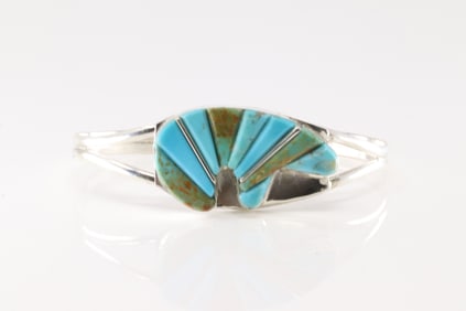 Native America Navajo Sterling Silver Bear Turquoise Inlay Bracelet Cuff.