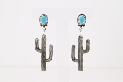 Native America Navajo Sterling Silver Turquoise Catus Post / Dangling Earring's By Annie Spencer.