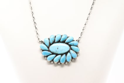 Native America Navajo Sterling Silver Kingman Turquoise Necklace By P.Johnson.