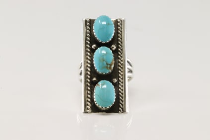 Native America Navajo Sterling Silver Turquoise Ring By Arlene Lewis.