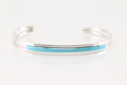 Native America Zuni Sterling Silver Turquoise Inlay Bracelet Cuff By Anson Wallace.