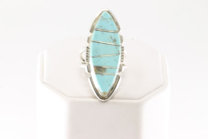 Native America Navajo Sterling Silver Turquoise Inlay Ring By B.E.