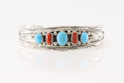 Native America Navajo Sterling Silver Coral & Turquoise Bracelet Cuff By Harrison & Betty Begaye.