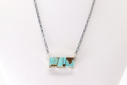Native America Navajo Sterling Silver Number 8 Turquoise Inlay Necklace By Steve Francisco.