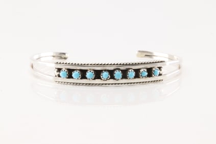 Native America Zuni Sterling Silver Turquoise Bracelet Cuff By Susie Livington.